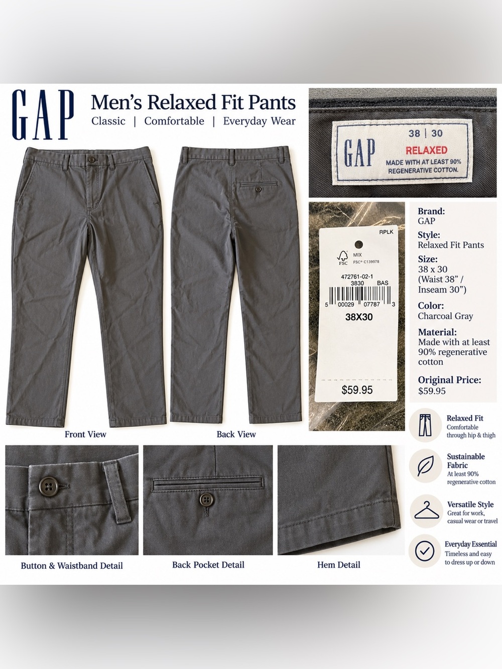 GAP Men's Relaxed Fit Chinos - Charcoal